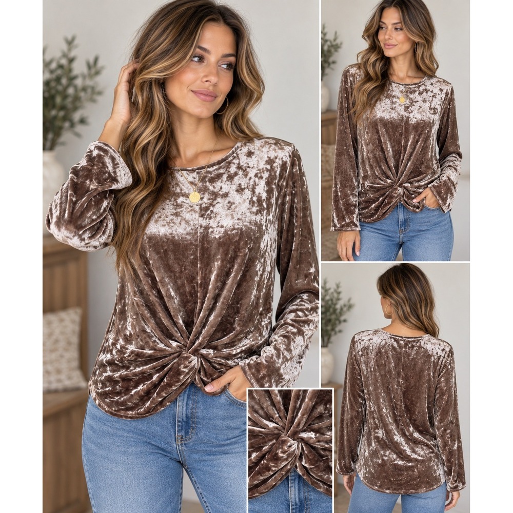 Pleione Top Long Sleeve Mauve Crushed Velvet Twist Front Knot Blouse Medium